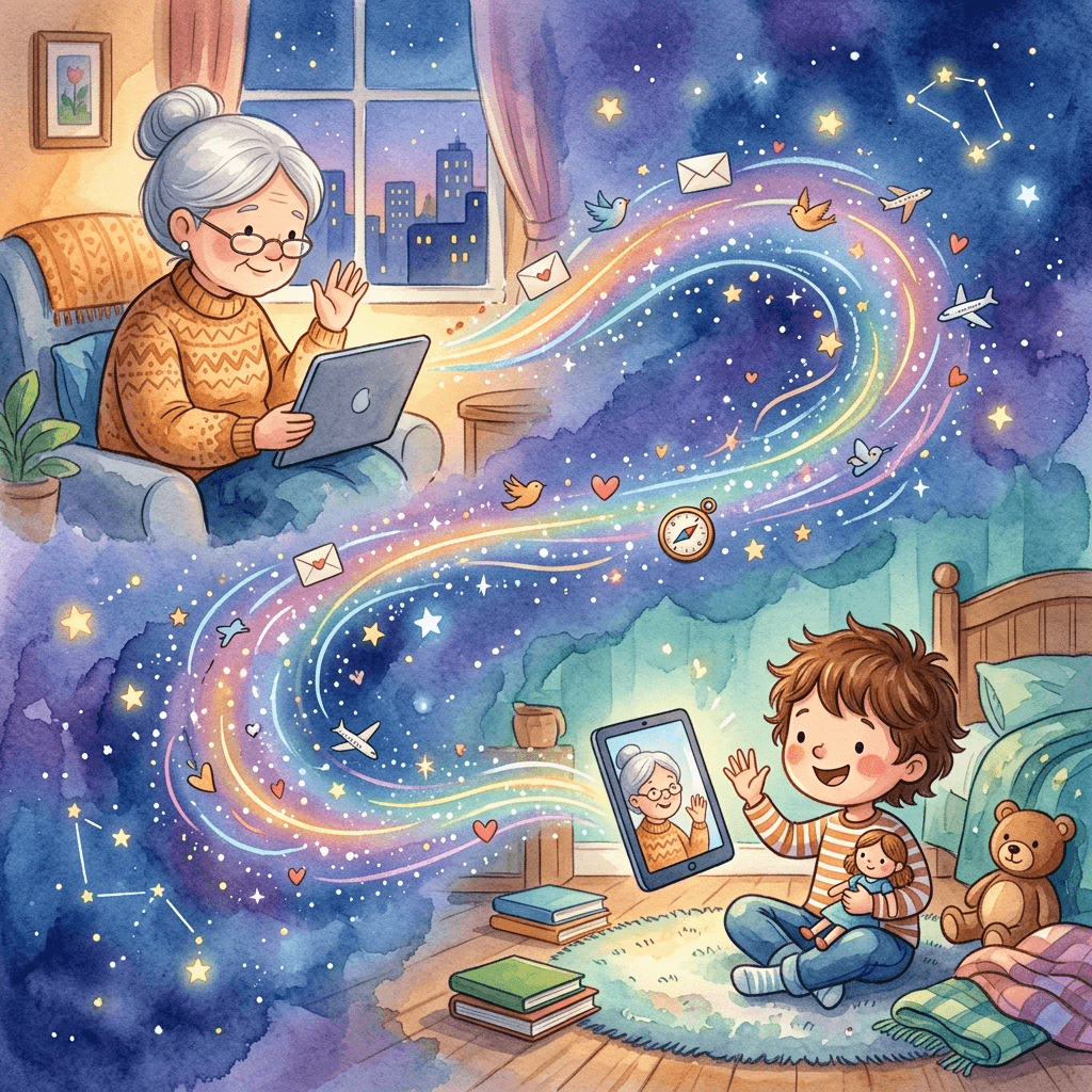 Illustrated grandparent and grandchild connected across a distance by a glowing thread of story, from a personalized grandparent storybook