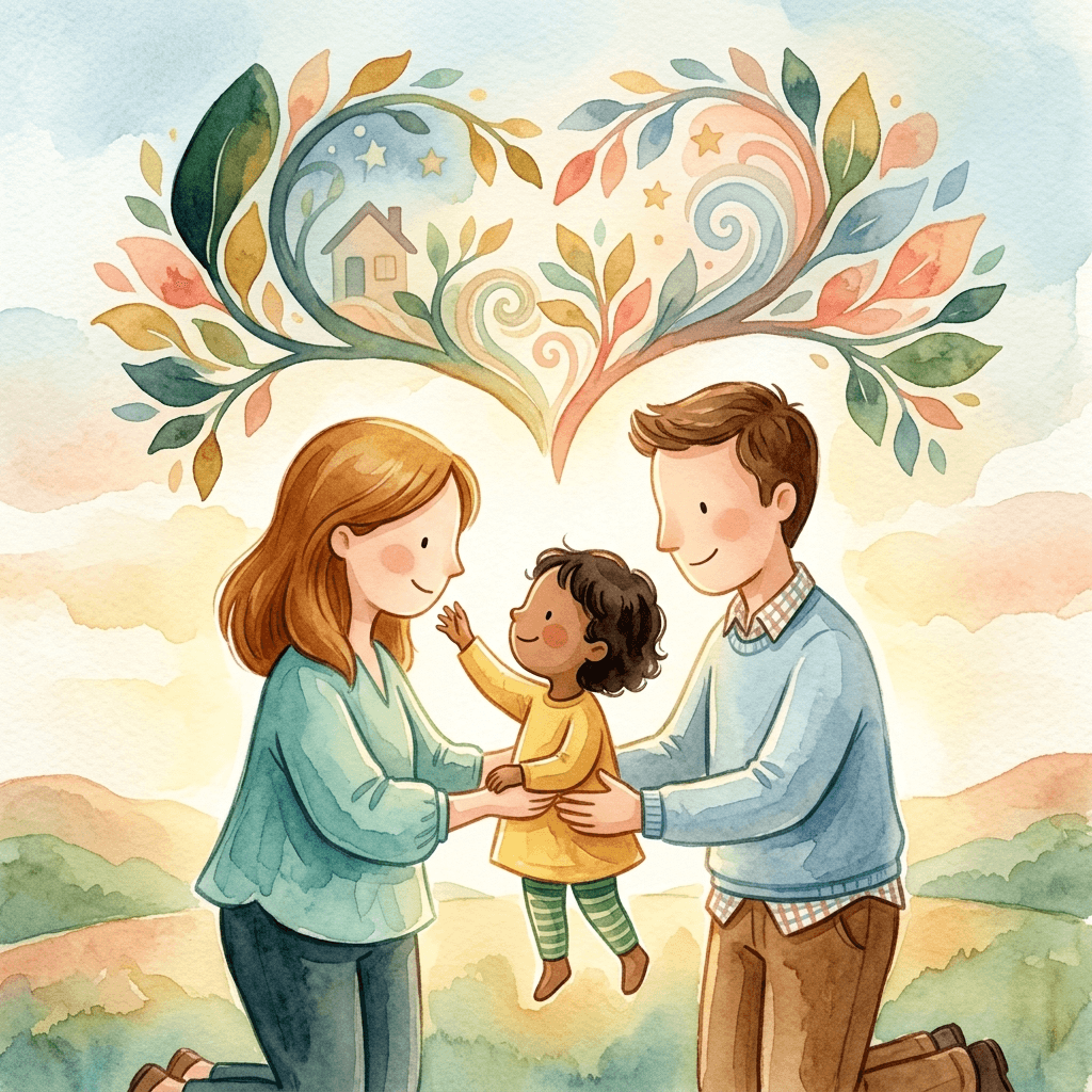 Illustration from a personalized adoption storybook — a child held by two parents, surrounded by warm light and the feeling of home