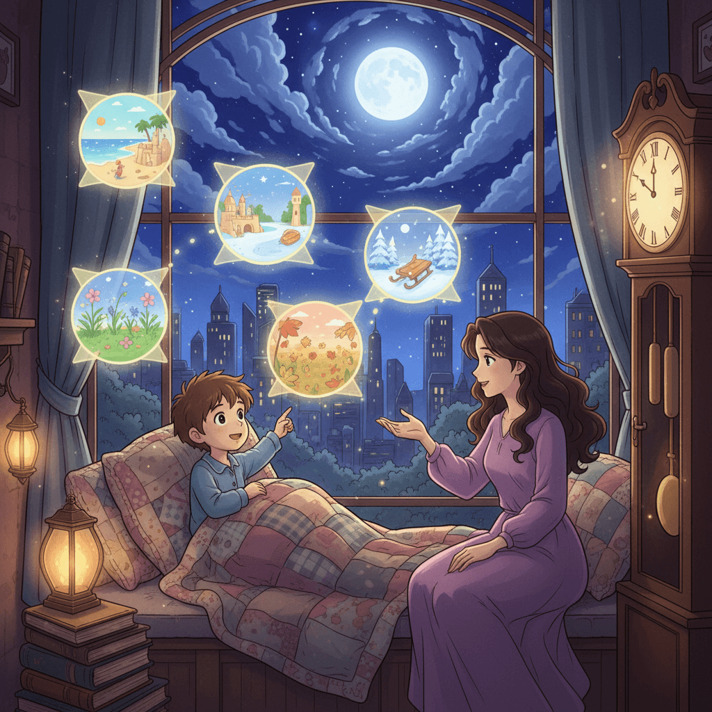 Illustrated child character reading a glowing storybook by candlelight on Christmas Eve, from a personalized digital storybook
