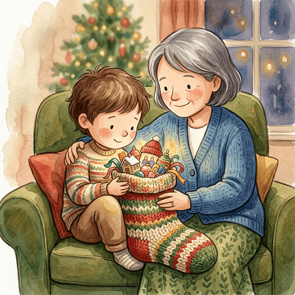Illustrated toddler holding a hand-knitted Christmas stocking by a fireplace, from a personalized Christmas storybook