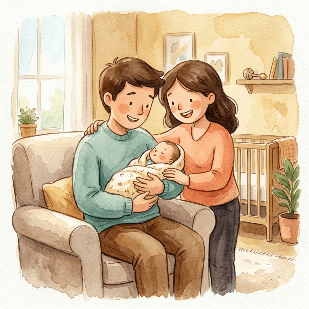 Illustration from a personalized new baby storybook — a newborn baby surrounded by a glowing warm light, with parents looking on in wonder