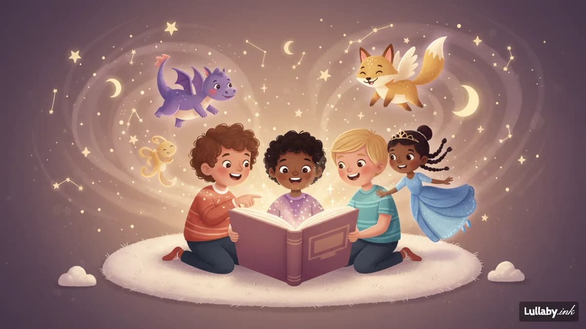 ילדים קוראים ספר מותאם אישית עם דמויות צבעוניות שנראות כמוהם