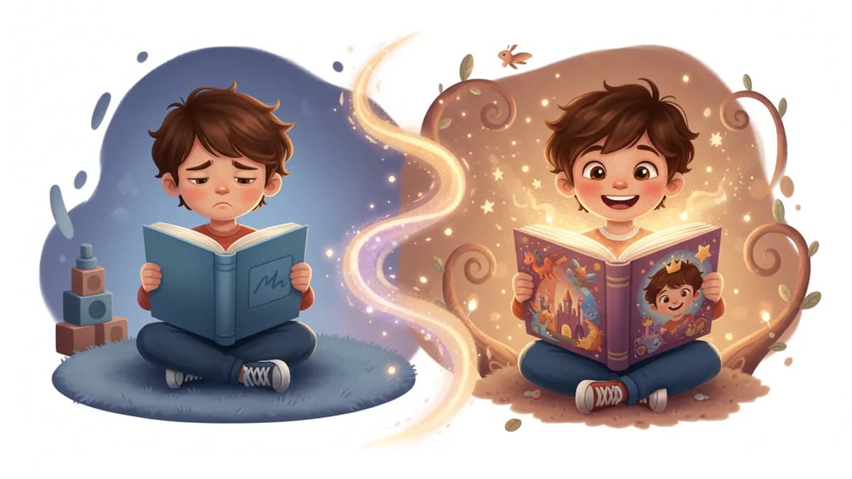 Child excited to read a personalized book featuring themselves as the main character