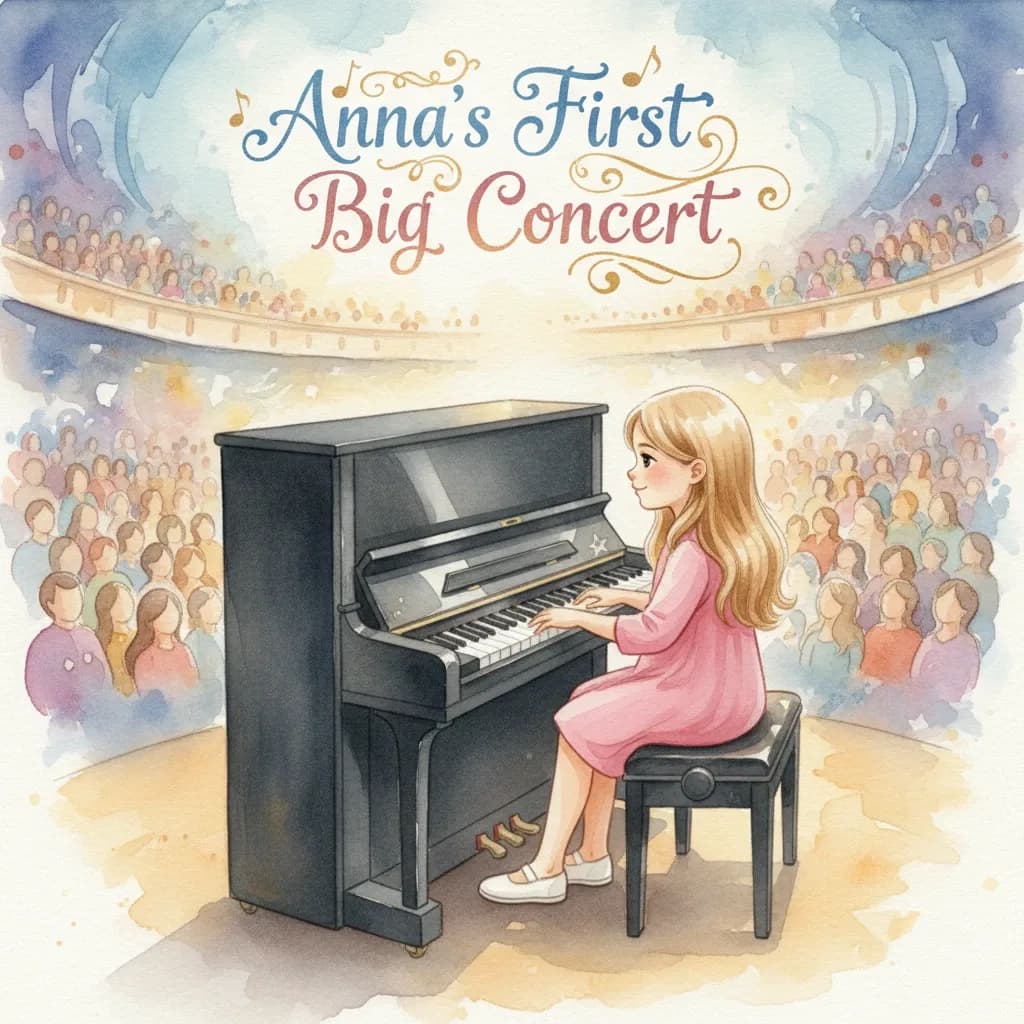 Anna sitting at a grand piano in a concert hall, illustrated in soft watercolor style